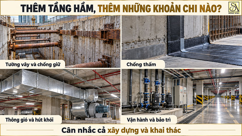 các nhóm chi phí tầng hầm gồm tường vây, chống thấm, thông gió, hút khói, vận hành và bảo trì.